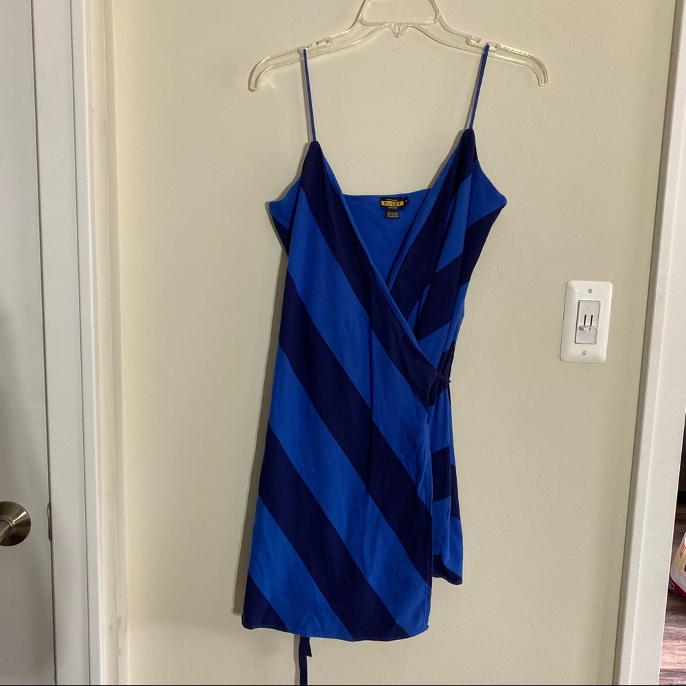 RALPH LAUREN RUGBY WRAP DRESS KNEE LENGTH SPAGHETTI-STRAPS BLUE STRIPS SIZE M
